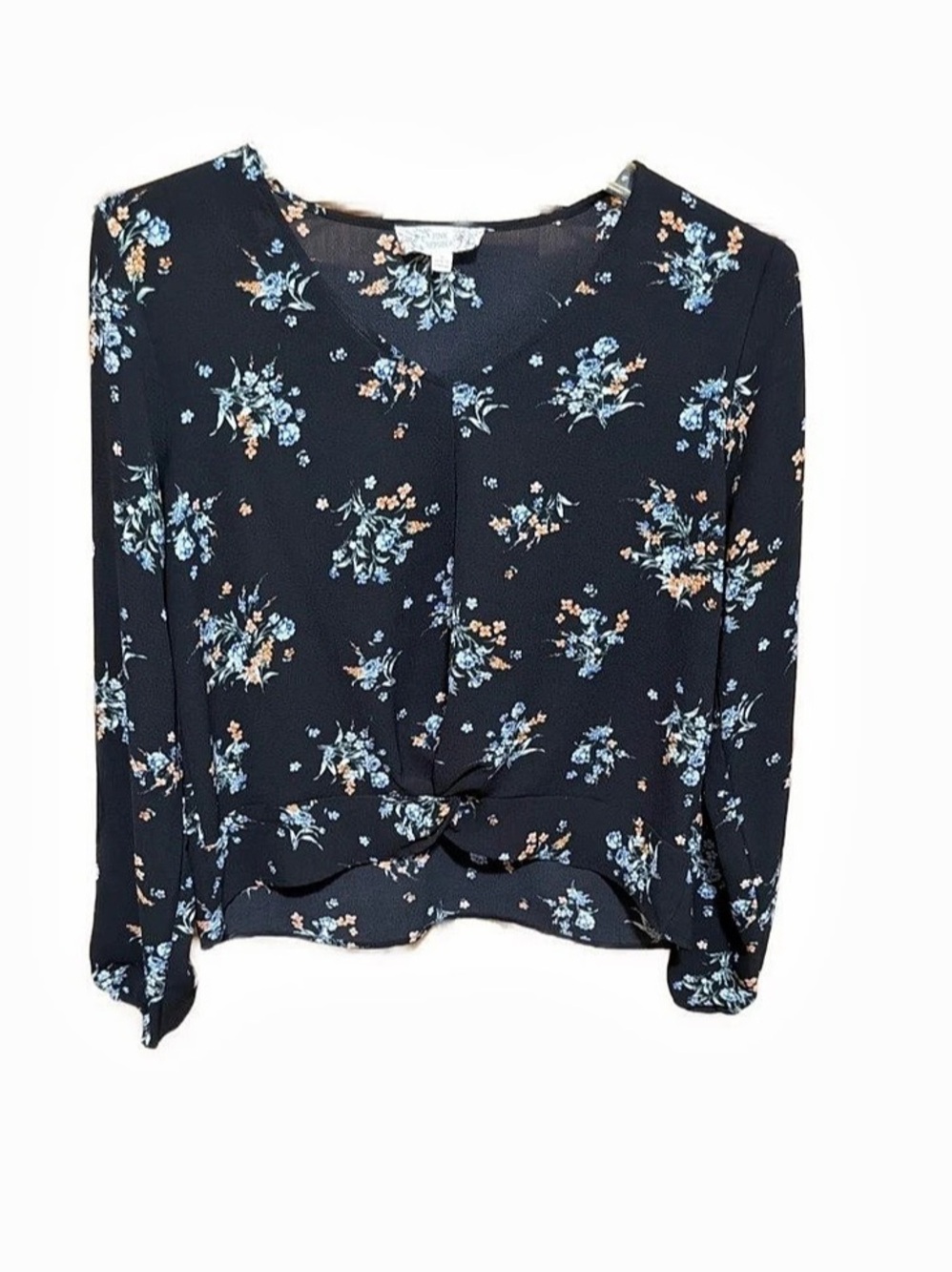 Pink Republic Black, Blue & Coral Floral Twist Front Long Sleeve Blouse Top